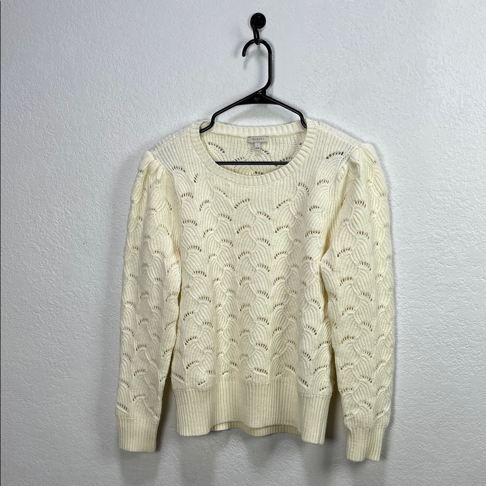 Talbots Women’s Ivory Cable Knit Sweater Long Sleeve Wool Blend Crew Neck Sz L